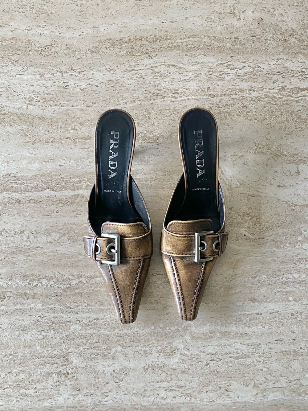 Vintage Prada Distressed Buckle Mule Heels